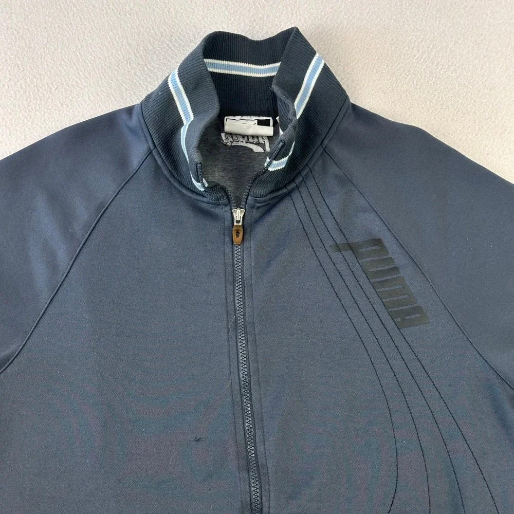 VTG Y2K Puma Track Jacket Mens XL Navy Blue Athletic Full Zip Striped Trim Logo‎